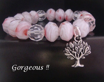 Tree of Life Bracelet with Celtic Style Tree of Life Pendant and Pink & Clear Crystal Beads - Celtic Tree Stretch Tree of Life Bracelet 018