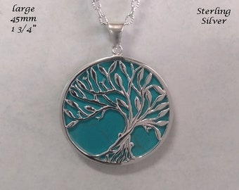 Large Tree of Life Necklace: Sterling Silver Tree of Life Pendant with Turquoise Inlay | Large Pendant, Celtic Tree of Life Necklace, 145