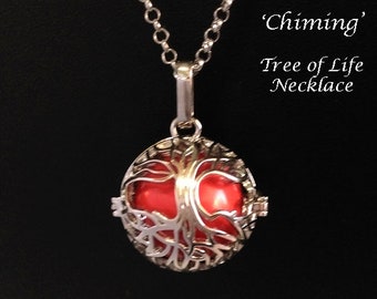 Chiming Tree of Life Necklace - 123, Chimes with Movement - Celtic Tree of Life Cage with a Red Harmony Chime Ball | Harmony Necklace, Gift