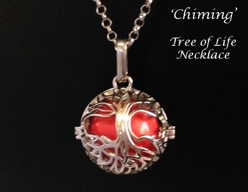 Chiming Tree of Life Necklace 123, Chimes with Movement Celtic Tree of Life Cage with a Red Harmony Chime Ball Harmony Necklace, Gift image 1