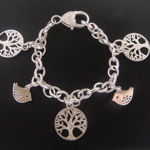 Tree of Life Bracelet with 3 SilverTree of Life Pendants and 2 Bird Charms on Silver Chain Antique Tree Celtic Tree of Life Bracelet 034 image 2