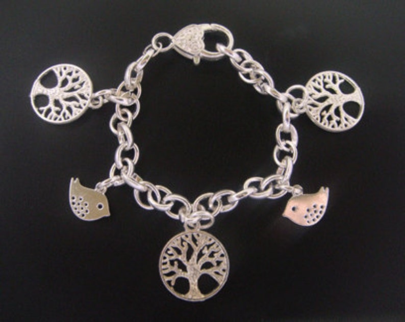 Tree of Life Bracelet with 3 SilverTree of Life Pendants and 2 Bird Charms on Silver Chain Antique Tree Celtic Tree of Life Bracelet 034 image 2