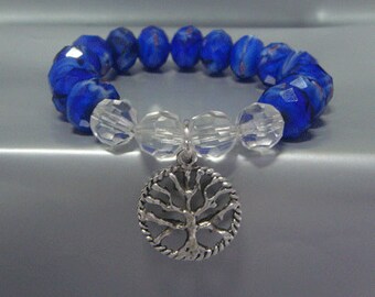 Tree of Life Bracelet with Blue & Clear Crystal Beads and Celtic Style Tree of Life Pendant - Celtic Tree Stretch Tree of Life Bracelet 033