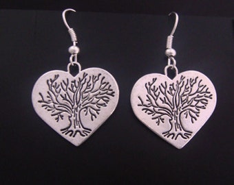 Tree of Life Earrings: Heart Shape Polished Silver Plated Tree of Life Earrings with Stamped Tree - Tree of Life Earrings 024