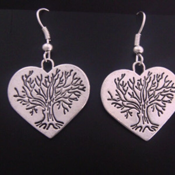 Tree of Life Earrings: Heart Shape Polished Silver Plated Tree of Life Earrings with Stamped Tree - Tree of Life Earrings 024