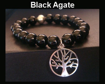 Tree of Life Bracelet with Black Agate Gemstone Beads & 925 Sterling Silver Tree of Life Pendant Charm - Stretch Tree of Life Bracelet 008