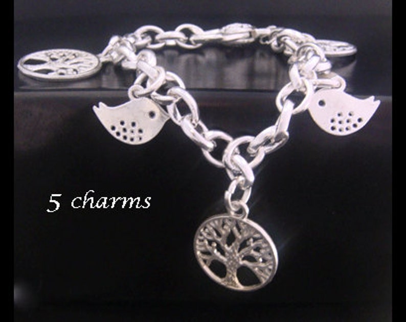 Tree of Life Bracelet with 3 SilverTree of Life Pendants and 2 Bird Charms on Silver Chain Antique Tree Celtic Tree of Life Bracelet 034 image 1