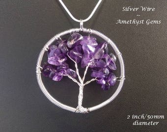 Tree of Life Pendant: Silver Wire Wrapped Tree of Life Necklace Pendant with Genuine Amethyst Gemstone Chips. Tree of Life Necklace TOLN006