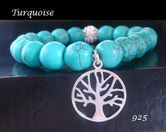 Tree of Life Bracelet with Turquoise Beads and 925 Sterling Silver Tree of Life Pendant Charm - Turquoise Stretch Tree of Life Bracelet 035