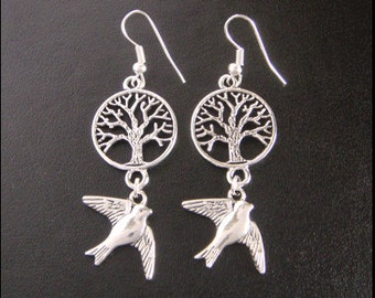 Tree of Life Earrings: Celtic Tree with Birds in Flight Dangling below in these Beautiful Dangle Tibetan Silver Tree of Life Earrings 039