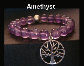 Tree of Life Bracelet with 925 Sterling Silver Tree of Life Pendant Charm and Amethyst Gemstone Beads, Stretch Tree of Life Bracelet TOLB007