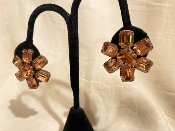 Weiss Amber Colored Rhinestone Clip On Earrings - image 1