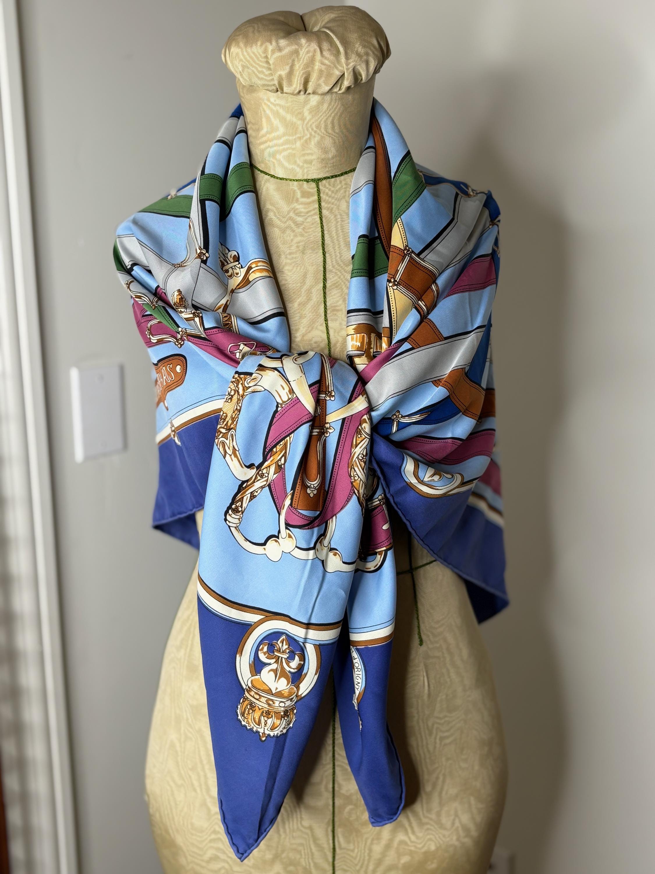 Rare Hermes Scarf, Authentic Blues Equestrian Theme, Belts  display picture 1