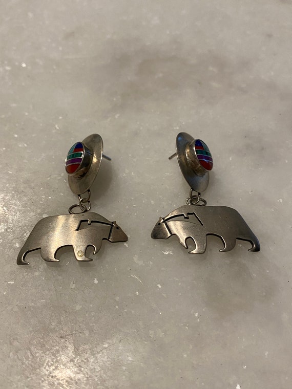 Vintage Zuni Sterling Silver Bear Earrings - image 3