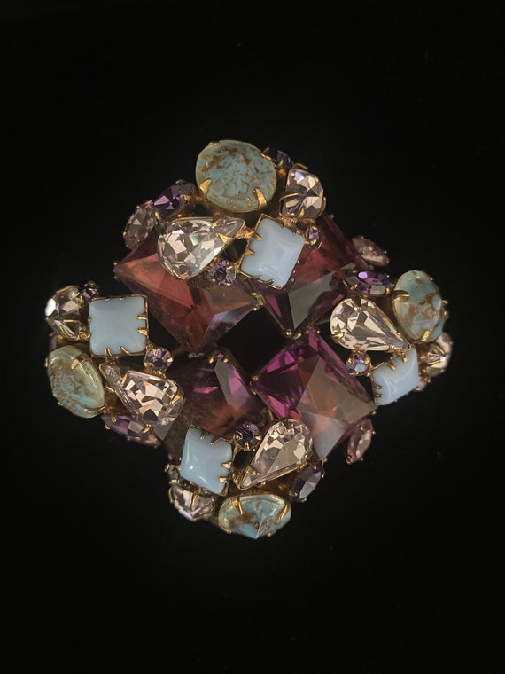 Schreiner Pin Brooch; Smoke, Bronze, and Clear Rhinestone
