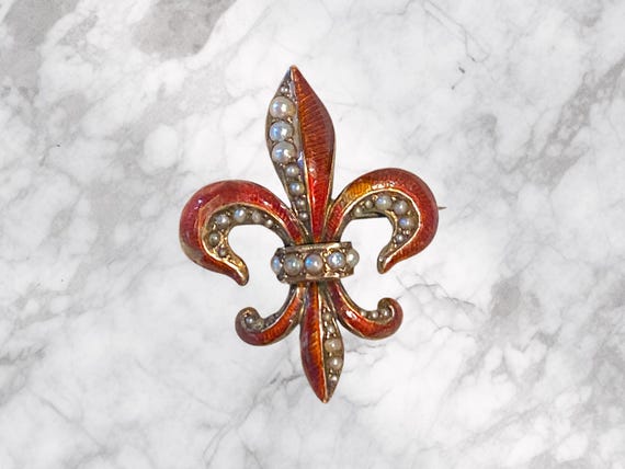 Broche Art Déco Riker Brothers - Or Jaune 14k Avec Perle & Fleur De Lys - Vintage