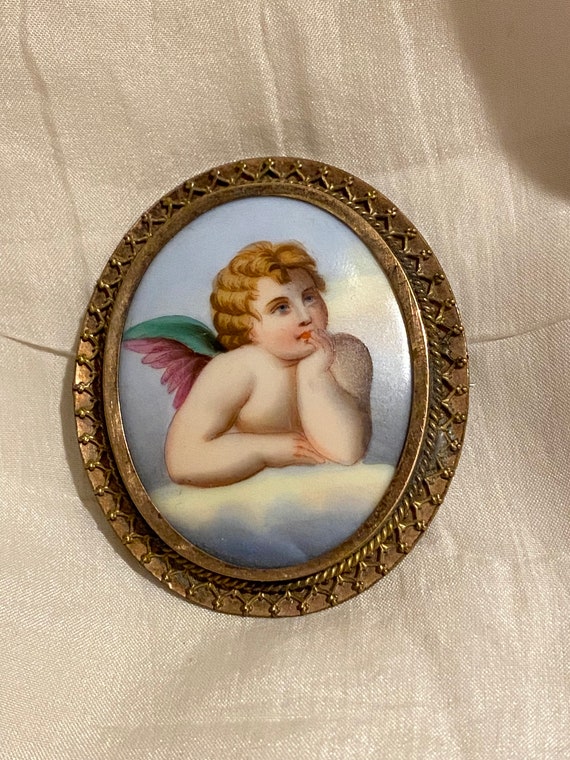 Hand Painted Porcelain Cameo Brooch - image 1