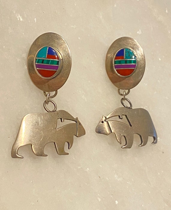 Vintage Zuni Sterling Silver Bear Earrings - image 1