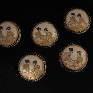 Meiji Era Hand Painted Geisha Satsuma Buttons (Set of 5)