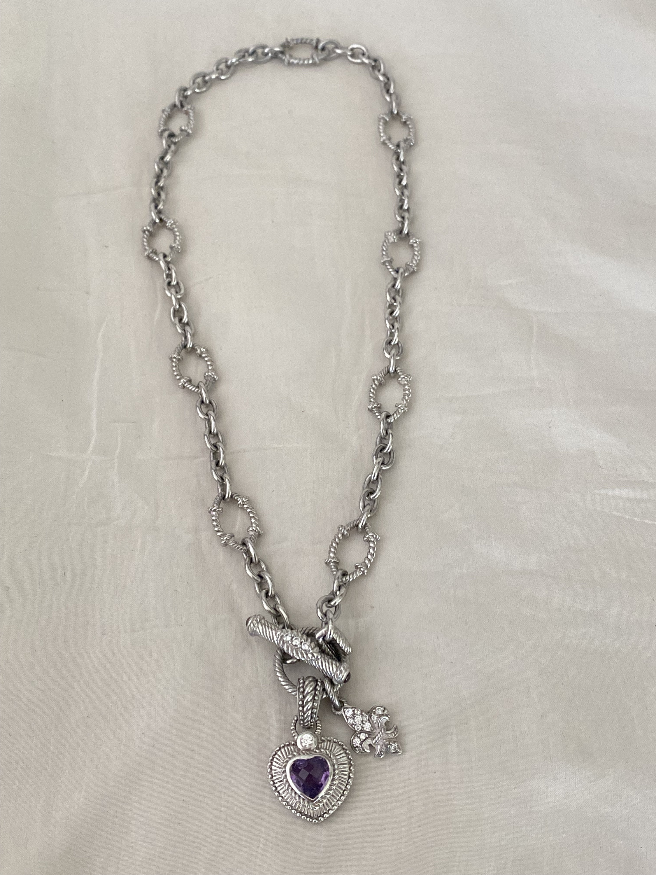 Judith Ripka Sterling Silver Amethyst Heart Cubic Zirconia Charm Necklace