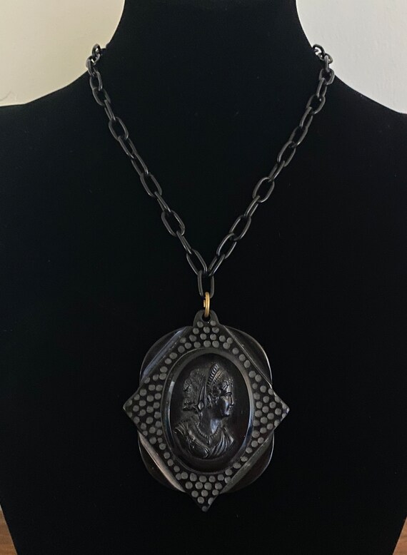 Black Bakelite Cameo Pendant Necklace