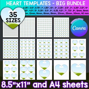 Könnte beinhalten: Ein digitales Design-Bundle mit Herzvorlagen in 35 Größen, von 0,64 cm bis 20,32 cm, plus 5 mm, 8 mm und andere metrische Größen. Enthält 8,5"x11" und A4-Blätter. Das Design enthält den Text "HEART TEMPLATES - BIG BUNDLE".