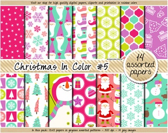 SALE christmas digital paper holiday digital paper snowman snowflake santa christmas tree present reindeer clipart in pink blue green purple