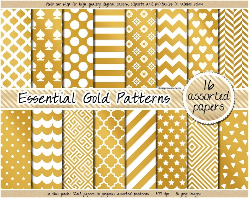 SALE gold digital paper golden digital paper gold foil printable paper gold chevron stripes polka dot gold clipart gold pattern gold sticker image 1