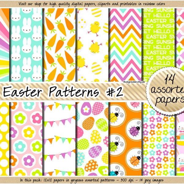 SALE Easter digital paper rainbow digital paper pastel easter clipart bunny pattern carrot flower chevron pink purple green yellow orange