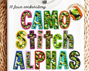 Camo Alphabet PNG Faux Embroidery patch letters Army camouflage sublimation realistic stitch alpha applique digital commercial use PNG font