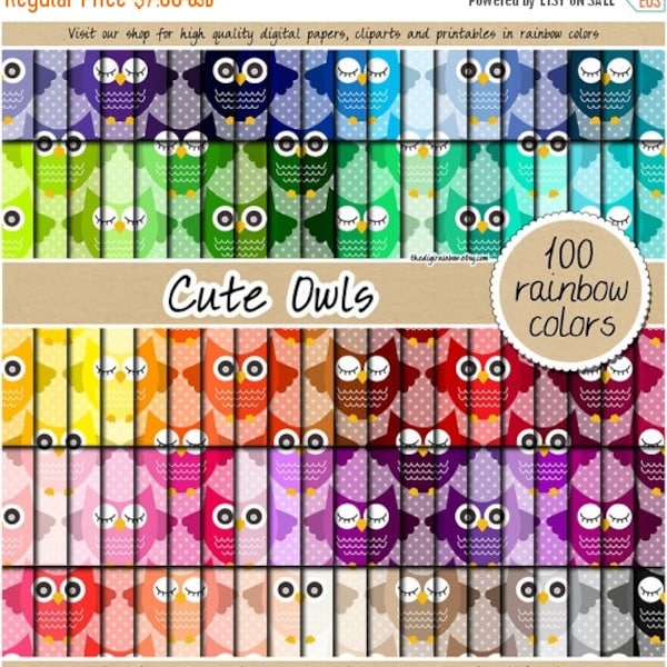 100 Owl digital paper owl printable pattern rainbow digital paper bird digital paper owl clipart paper 12x12 pastel neutral bright dark