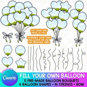 Ballon Canva Vorlage Bundle, bearbeitbare Ballon Bündel, ziehen und ablegen Canva Rahmen, Herzballon, Sternballon DIY Geburtstagsparty Sublimation