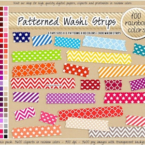 3600 patterned washi tape strips digital washi tape clipart rainbow quatrefoil polka dot chevron stars stripes heart washi tape clipart