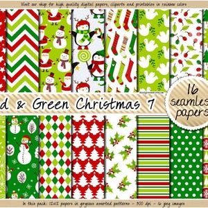 Christmas digital paper printable red and green seamless pattern stocking clipart snowman santa penguin mistletoe stars scrapbooking design