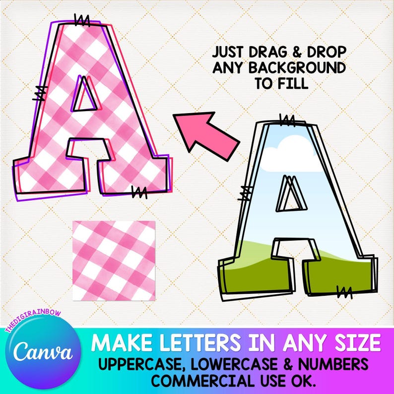 Editable Doodle Alphabet, Stitch CANVA Frames, Blank Doodle letters template, Drag and Drop font Uppercase lowercase numbers faux embroidery image 2
