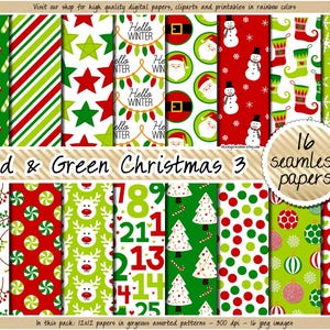 Papier numérique de Noël sans couture rouge et vert vacances fond scrapbooking calendrier de l&#39;avent canne en bonbon flocon de neige gui étoile