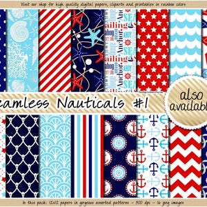 Papel digital náutico sem costura para scrapbooking, clipart marinho, azul marinho e vermelho, estampa de bóia, âncora, coral, concha e estrela-do-mar. imagem 2