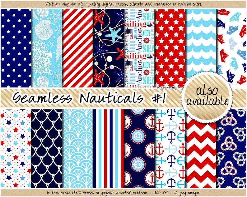 Papel digital náutico sem costura para scrapbooking, clipart marinho, azul marinho e vermelho, estampa de bóia, âncora, coral, concha e estrela-do-mar. imagem 2