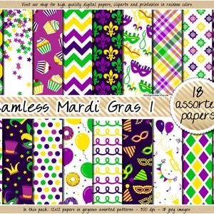 SEAMLESS Mardi Gras digitales Papier druckbare Karneval Muster Gold Maskerade Hintergrund fleur de lis Konfetti Ballon Feder Maske Clipart
