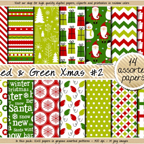 SALE christmas digital paper red and green christmas digital paper holiday digital paper pattern snowflake snowman stocking mitten star