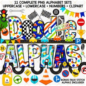Raceauto doodle alfabet bundel babyjongen patroon brief voertuig clipart faux borduurwerk PNG-lettertype verkeersbord alfa sublimatie cadeau voor kind