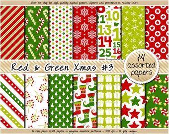 SALE christmas digital paper red and green christmas digital paper holiday digital paper pattern advent candy cane snowflake mistletoe star