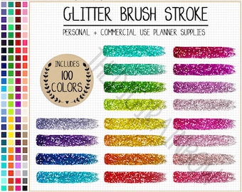 100 GLITTER BRUSH clipart rainbow watercolor clipart glitter paint splash sticker glitter planner stickers paint brush strokes art eclp