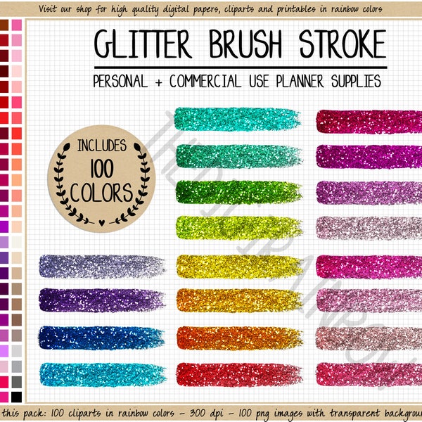 Pinceau à paillettes 100 clipart arc-en-ciel aquarelle clipart paillettes peinture splash autocollant paillettes planificateur autocollants coups de pinceau art eclp