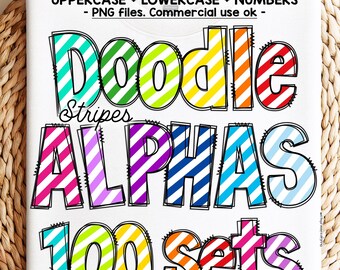 100 Doodle Alphabet PNG Bundle in rainbow colors, bright Sublimation alphas, Striped hand-drawn letters and numbers, bulletin board font DTF