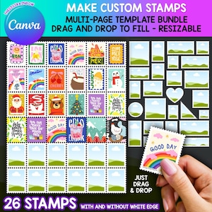 Postage Stamp Template, Custom Decorative Stamps, Stamp Border Editable Canva Frame, Printable Junk Journal Bundle sublimation designs DIY