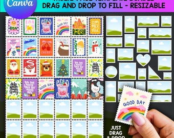 Postage Stamp Template, Custom Decorative Stamps, Stamp Border Editable Canva Frame, Printable Junk Journal Bundle sublimation designs DIY