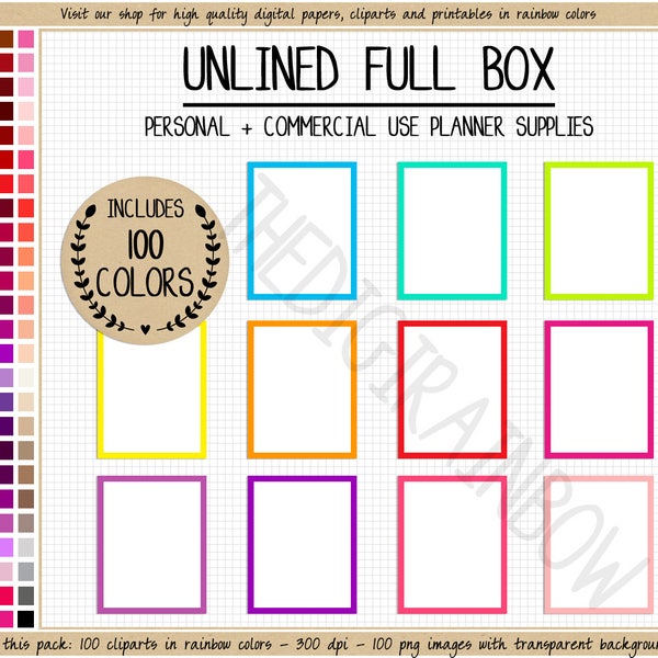 SALE 100 unlined full box planner stickers for Erin Condren Mambi Happy Planner outlined full box printable planner stickers rainbow clipart