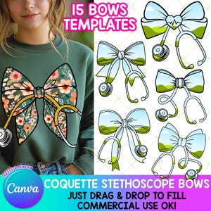 Modello di cornice per stetoscopio Coquette con fiocco in tela, design modificabili per sublimazione per infermieri preppy, stetoscopio medico vuoto, grazioso regalo per la scuola infermieristica