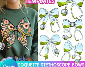 Coquette Stethoscope Bow Canva Frame Template, Editable Preppy Nurse sublimation designs, Blank Doctor Stethoscope, cute nursing school gift